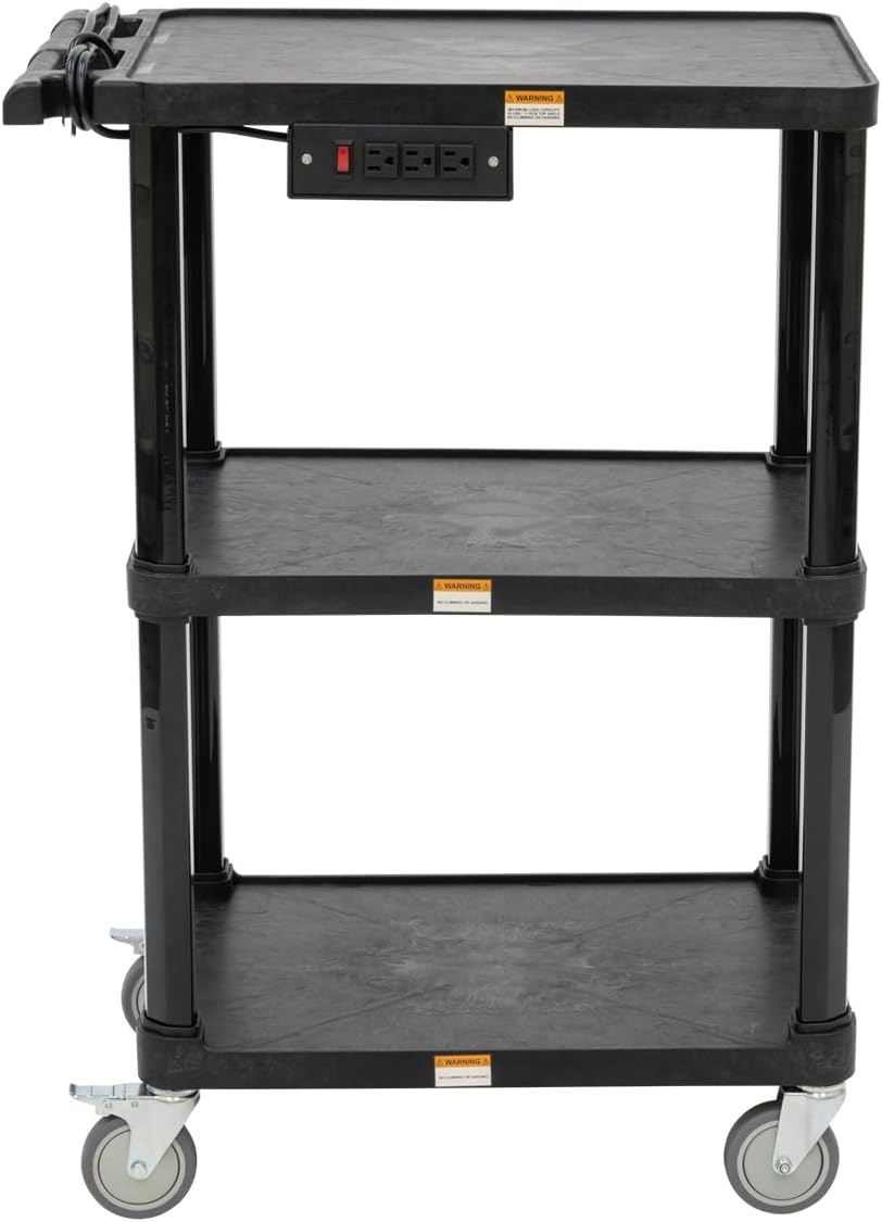 3-Shelf Mobile Utility Cart with Outlets for Office and Warehouse