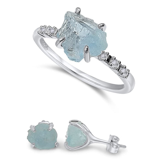 Raw Aquamarine Stone Jewelry Set with White Gold and Silver