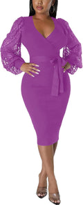 BOGURST Semi Formal Church Dresses for Women Bishop Sleeve V Neck Midi