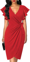 oten Womens Deep V Neck Ruffle Sleeve Faux Wrap Dress - Flattering Fit