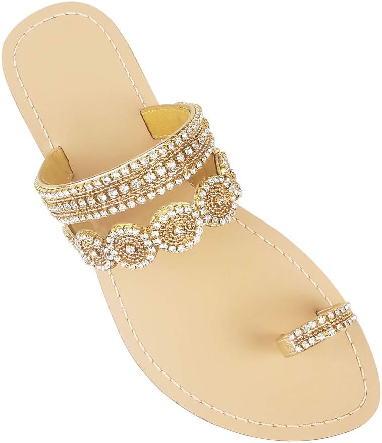 AIJIVOU Women's Rhinestone Flat Sandals for Summer Beach Fun