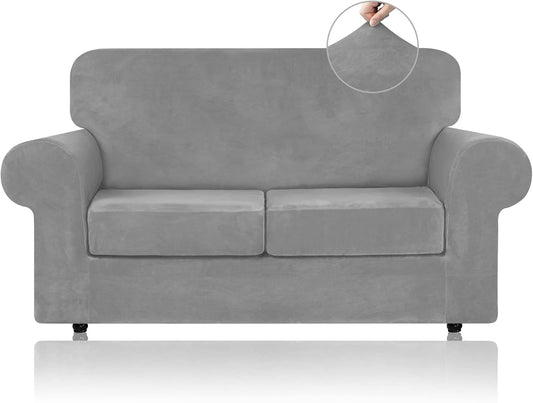 High Stretch Velvet Couch Covers for 2 Cushion Sofa - Silver Grey