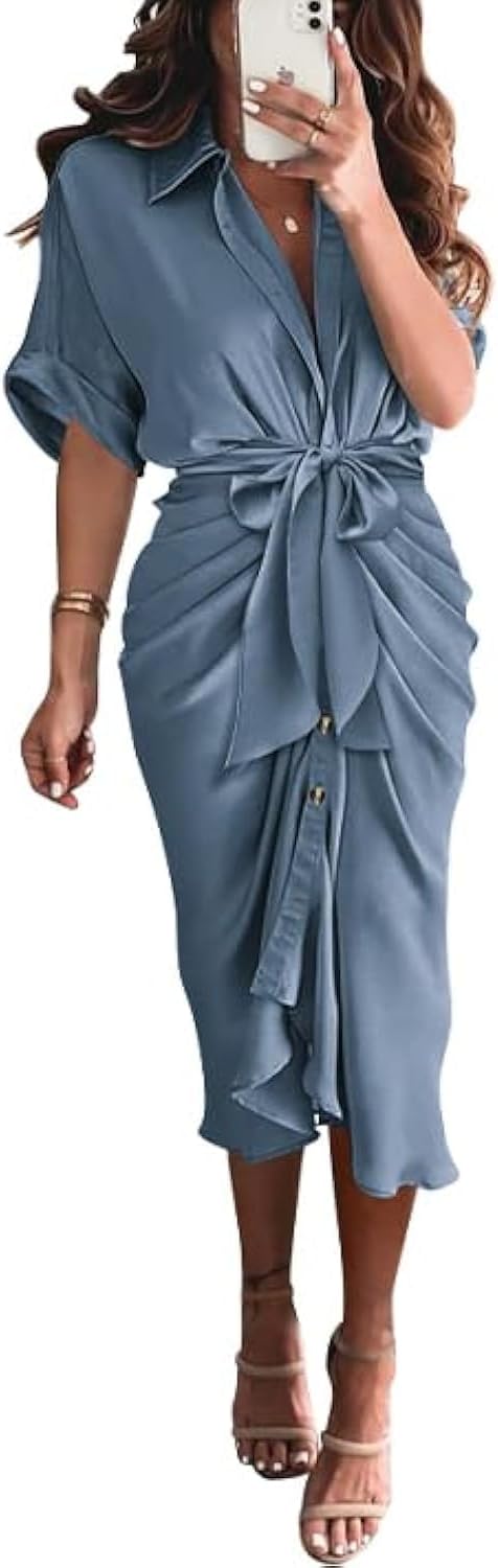 BTFBM Women Button Down Ruched Shirt Dress for Summer Events