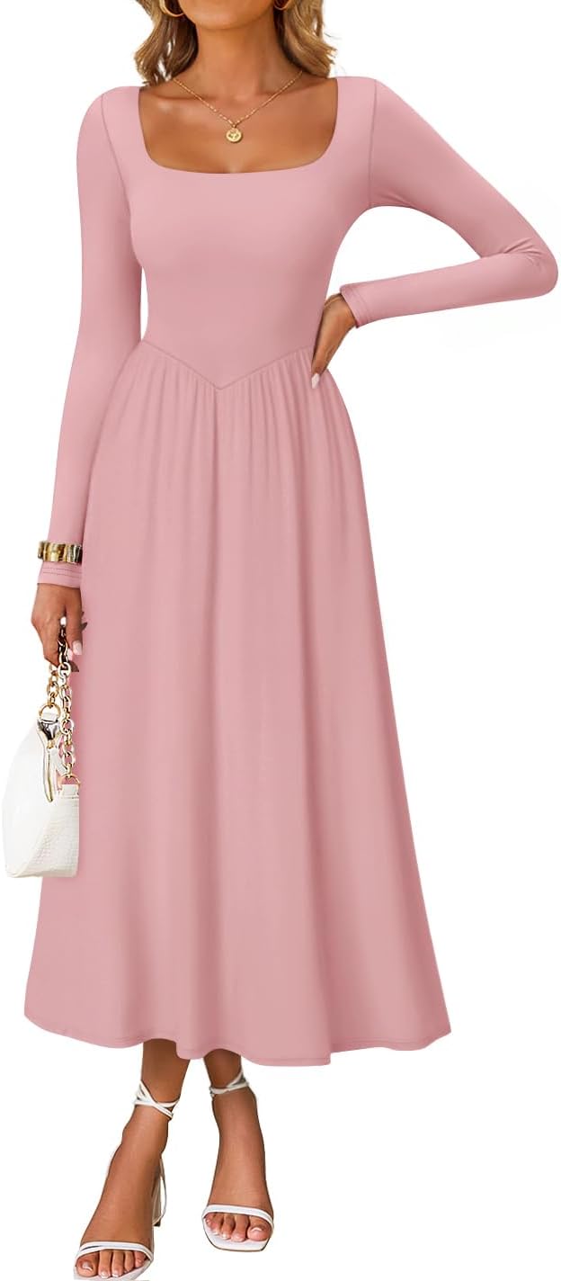 Elegant Classy Square Neck Long Sleeve Midi Dress for Women