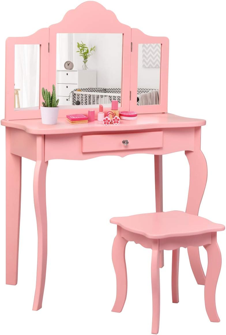Costzon Kids Wooden Vanity Table & Stool Set for Glamorous Play