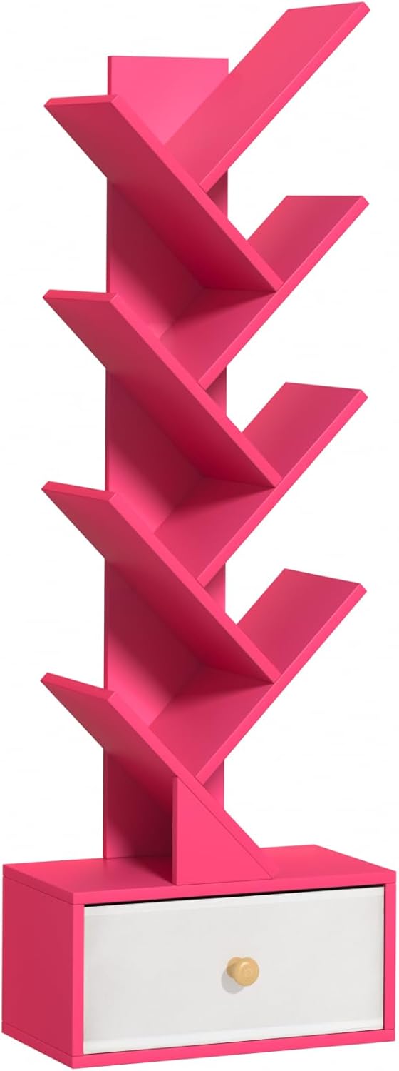 8 Tier Tree Bookshelf with Drawer for Narrow Spaces - Pink
