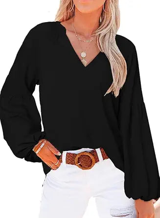SHEWIN Women's Casual Boho Floral Print V Neck Long Sleeve Tops