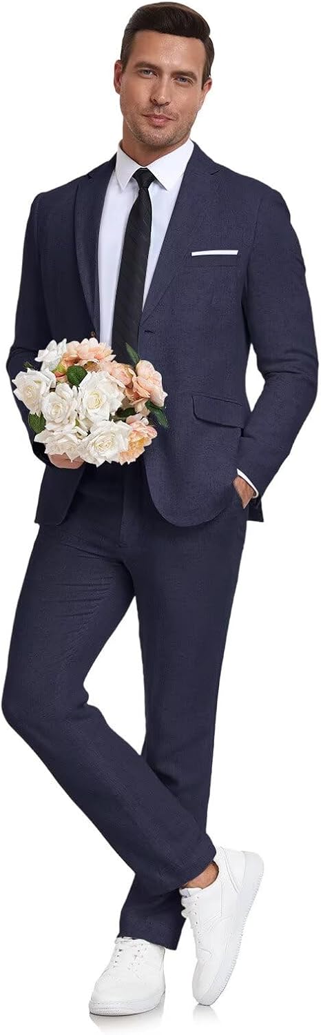 Men's Linen Suit 2 Piece Slim Fit for Summer Beach Weddings