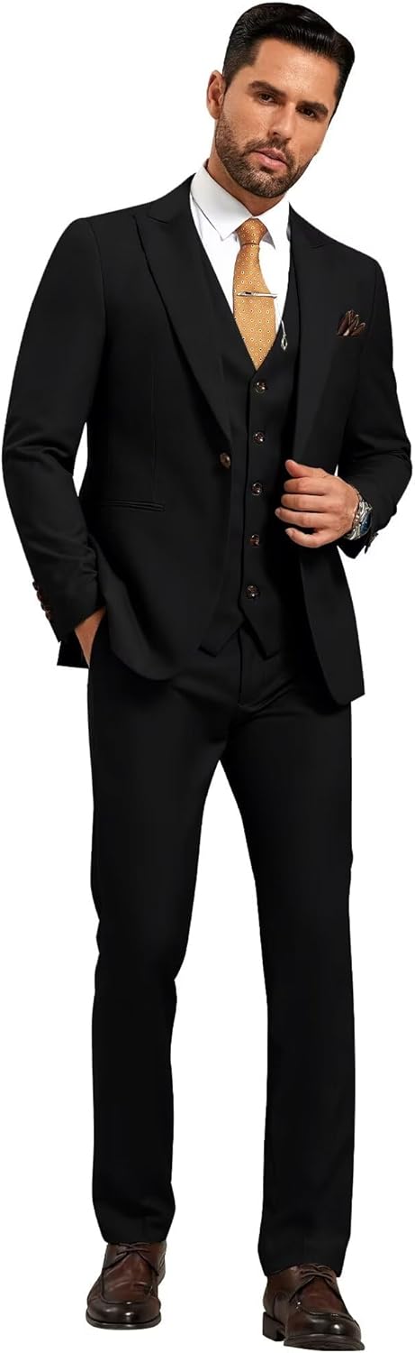 Mens Suit Solid Two Button Slim Fit 3 Piece Blazer Vest Pants