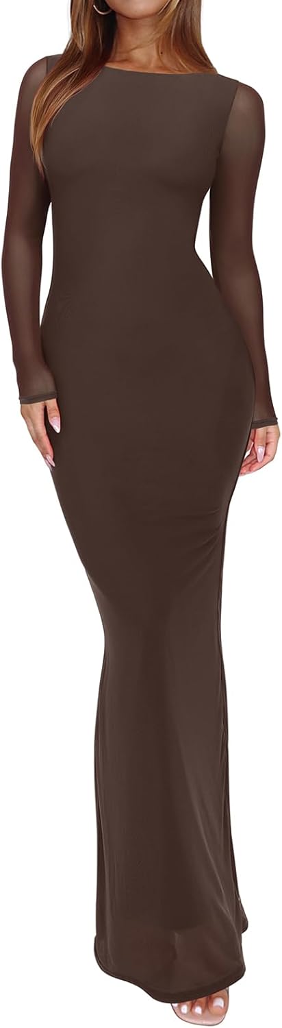 REORIA Women's Fall Mesh Sheer Long Sleeve Wedding Guest Dress