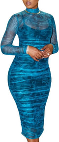 Sexy Long Sleeve Mesh Midi Dress - Sheer Two Piece Bodycon