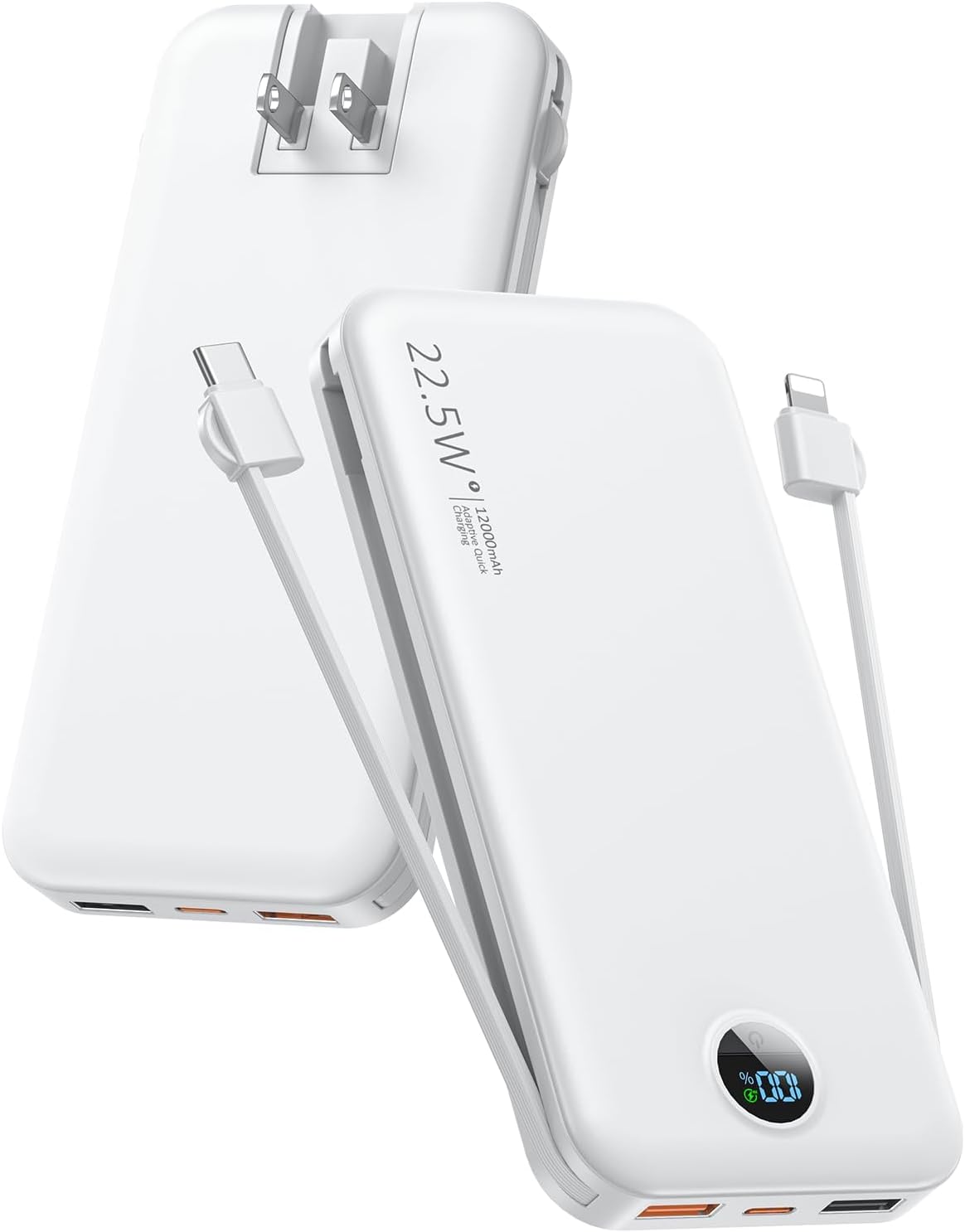 Ultra-Fast 12000mAh Power Bank - Built-In Cables, Portable & Wall Plug - Travel Essential!