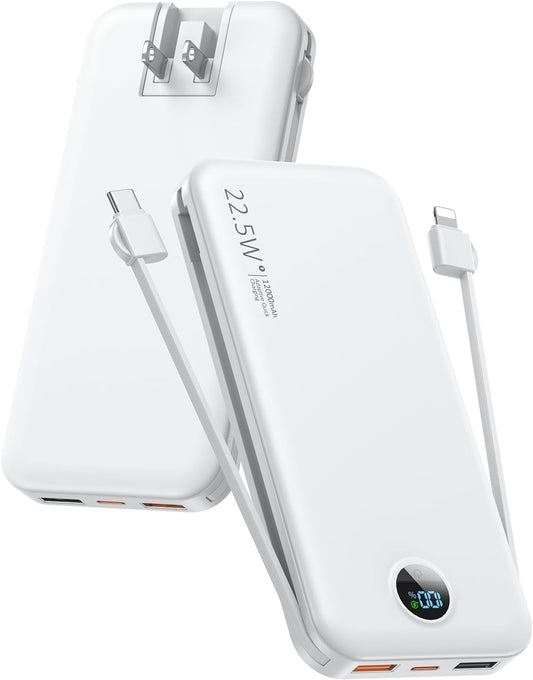 Ultra-Fast 12000mAh Power Bank - Built-In Cables, Portable & Wall Plug - Travel Essential!