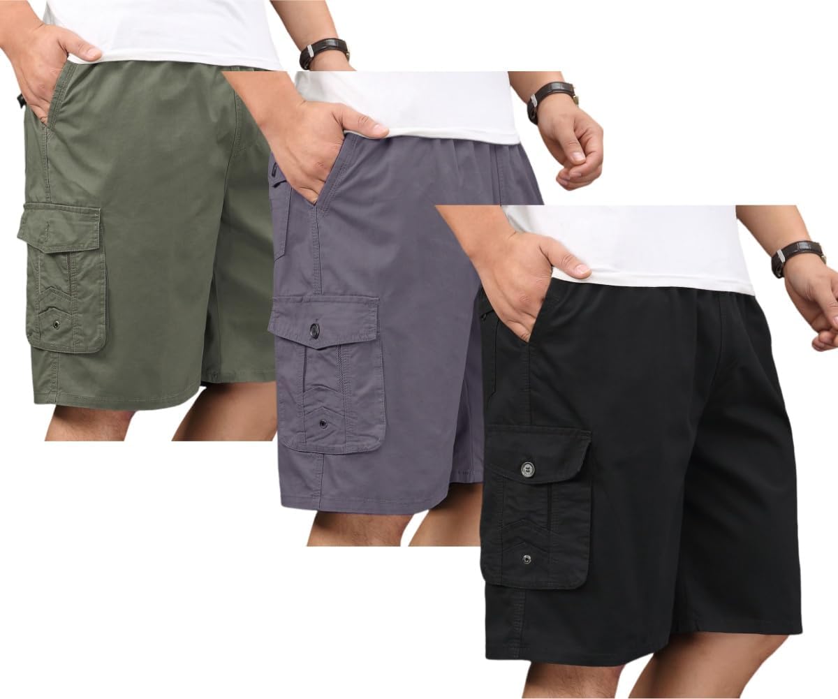 Men's Casual Twill Cargo Shorts with Elastic Waist and Pockets