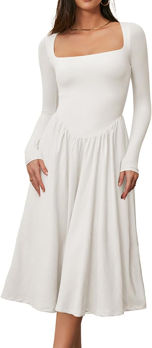 Chic Square Neck Long Sleeve A-Line Midi Dress for Women