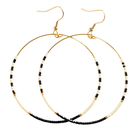 Big Striped Beaded 3 Inch Hoop Earrings in Black White Gold