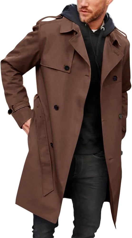 Gafeng Men's Trench Coat Slim Fit Double Breasted Windbreaker