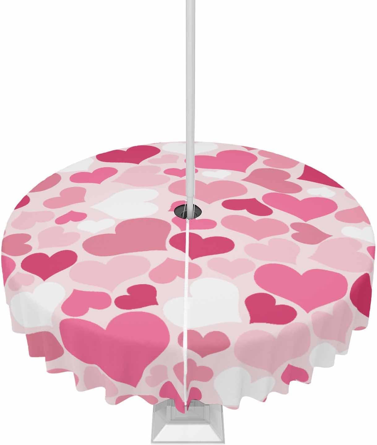 Waterproof Pink Round Tablecloth - Valentine's Day Love Heart Design - 60 Inch