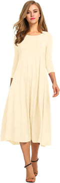 Womens 3/4 Sleeve A-line Flare Midi Dress - Flowy Rayon Blend