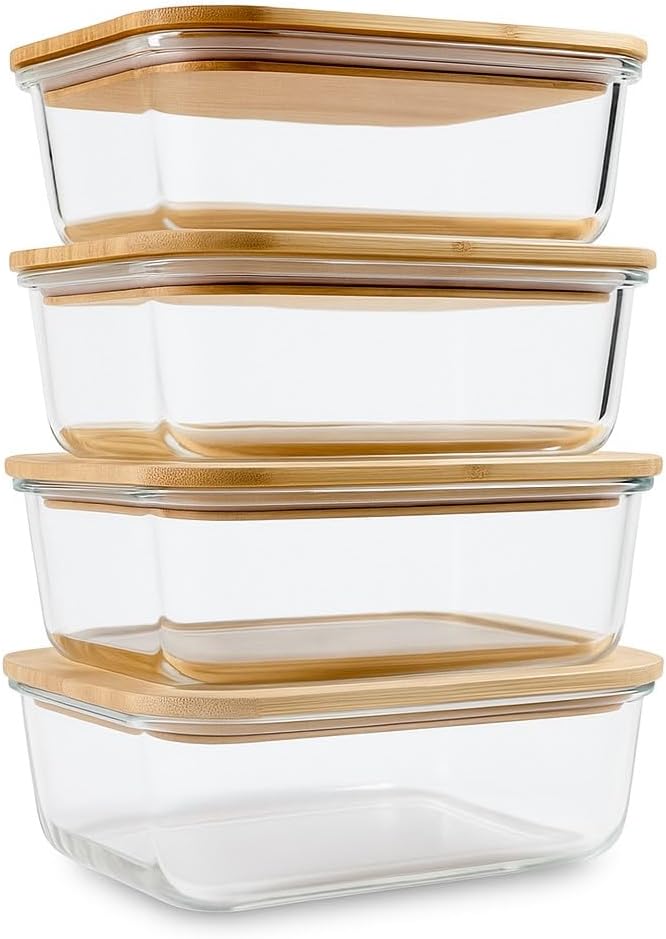 Glass Food Storage Containers with Bamboo Lids for Meal Prep