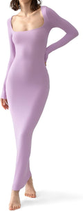 PUMIEY Women's Square Neck Long Sleeve Maxi Dress - Soft Ribbed