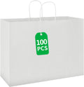 bagmad 100 Pack 16x6x12 in Large White Kraft Paper Bags with Handles