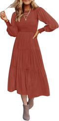 Women's Smocked Long Sleeve Tiered Midi Dress - Flowy Crew Neck