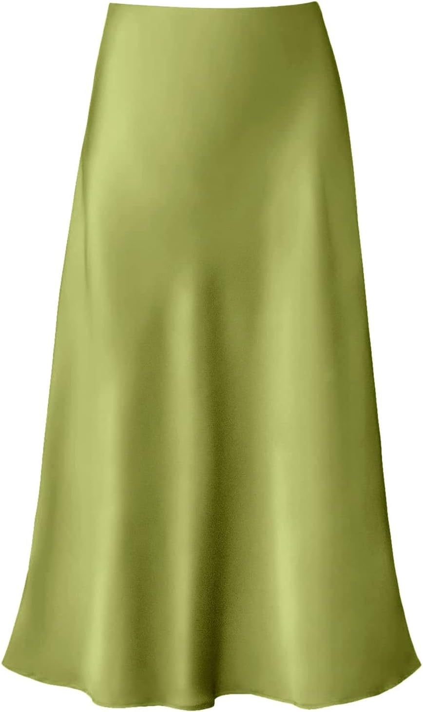 Women's Satin High Waist Flared Casual A Line Midi Skirt