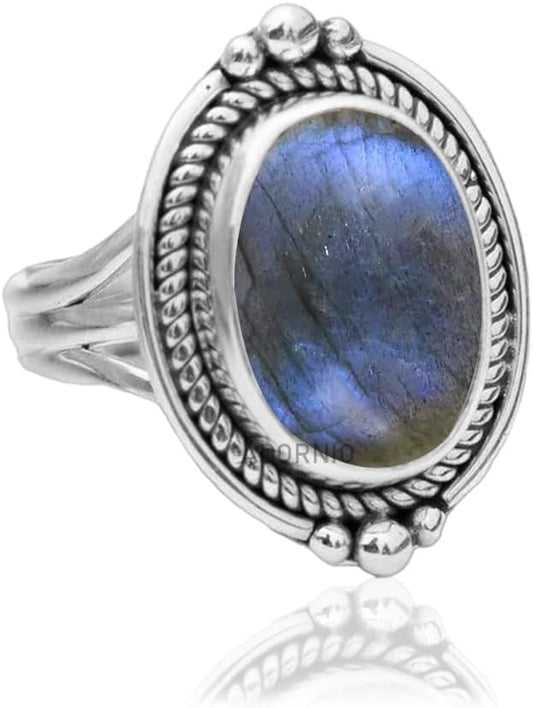 925 Sterling Silver Ring with Natural Labradorite Gemstone