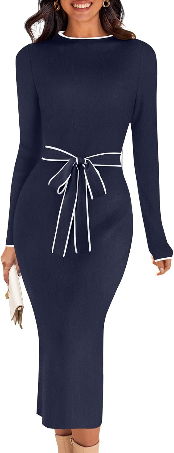 MEROKEETY Women's Long Sleeve Midi Sweater Dress for Fall