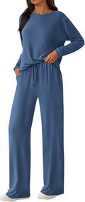 Womens 2 Piece Lounge Set Long Sleeve Crewneck Wide Leg Pants