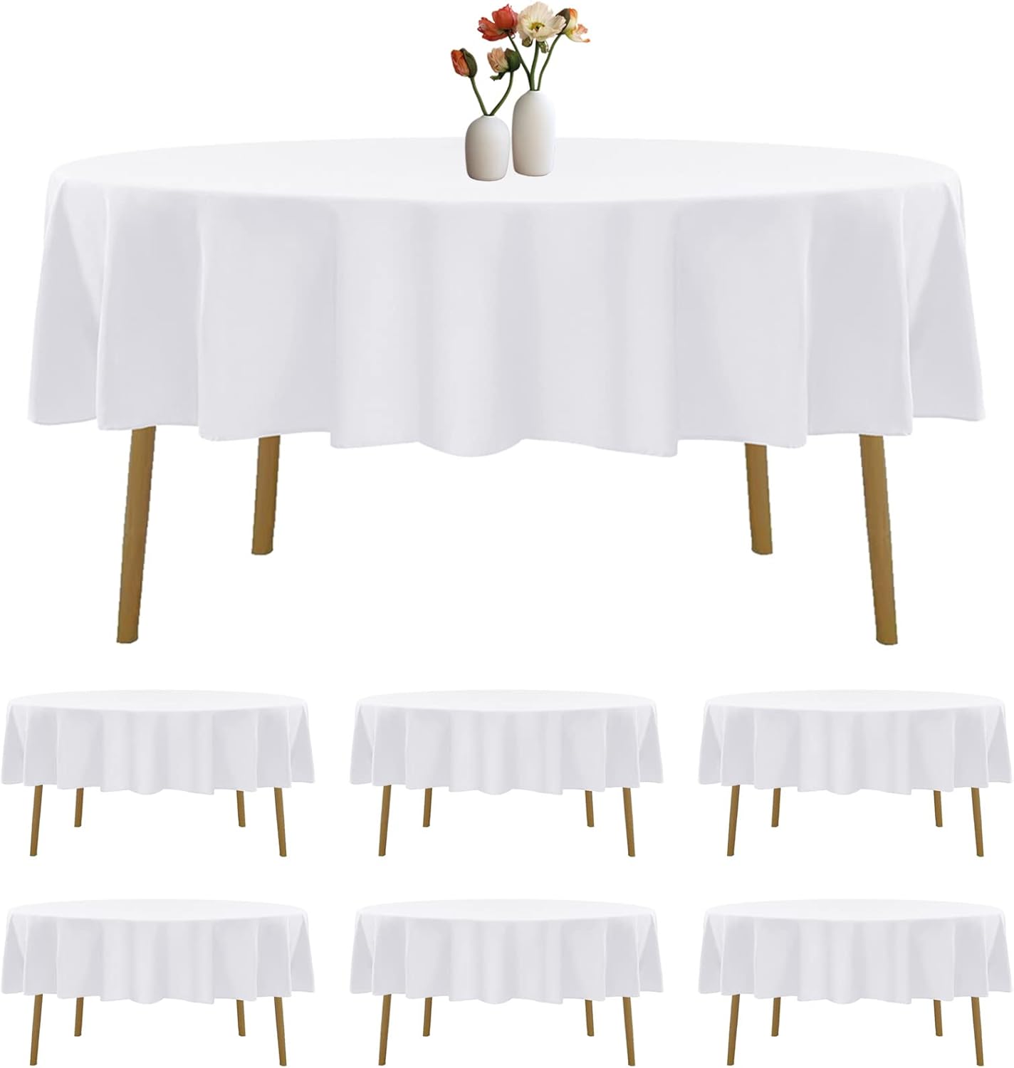 6 Pack Round Tablecloth 90 in White Stain Resistant Table Cover