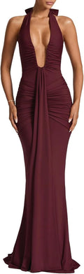 Women Deep V Neck Ruched Maxi Dress Sleeveless Halter Gown - Evening