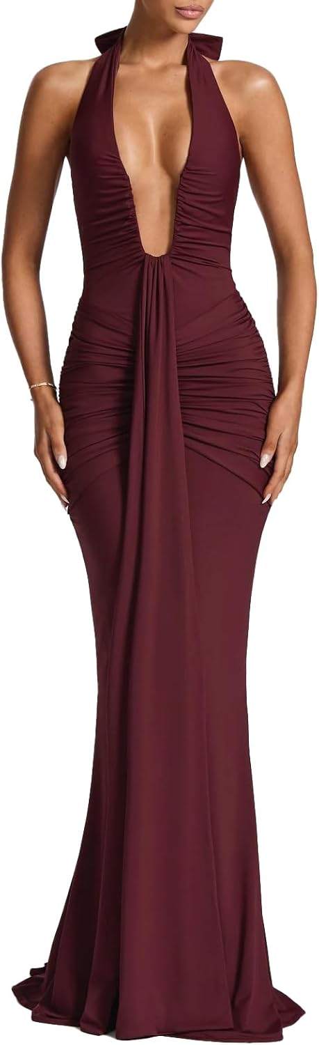 Women Deep V Neck Ruched Maxi Dress for Formal Events