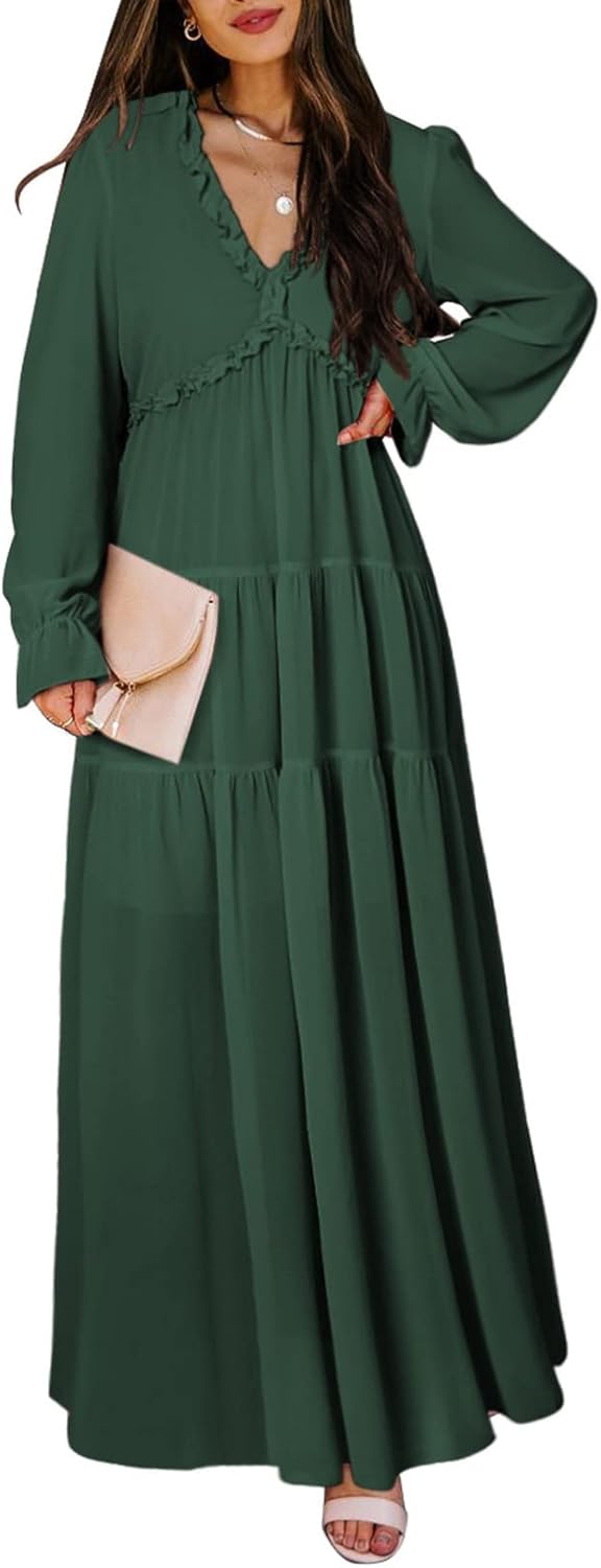 BLENCOT Womens Casual Boho Deep V Neck Maxi Dress for Summer