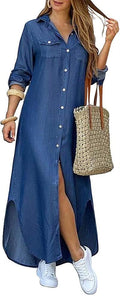 Kuraki Women's Denim Button Front Maxi Shirt Dress - Slim Fit