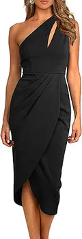 One Shoulder Ruched Bodycon Midi Dress - Elegant Summer Cutout