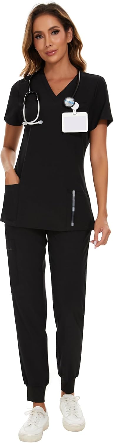 COZYFIT Scrubs for Women - Stretch V-Neck Top & Jogger Pants