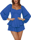 LYANER Women's Lantern Sleeve Ruffle Tie Mini Jumpsuit (Style VZZ8)