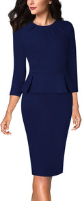 Women's Pleated Crew Neck Peplum Work Dress - Tailored Office Fit