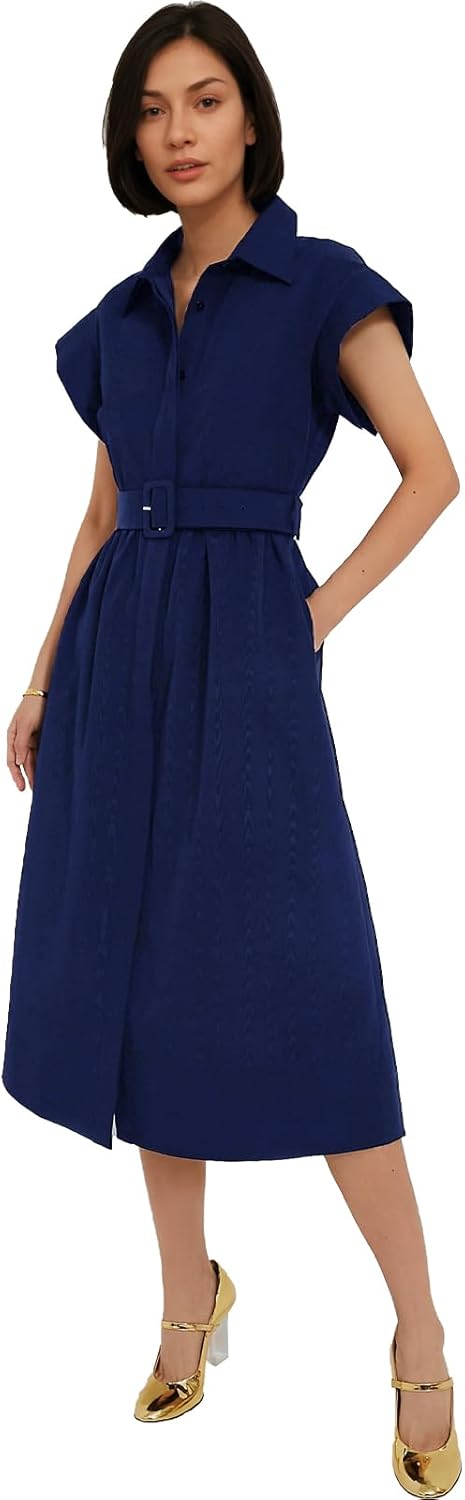 Jenkoon Women's Turn Down Collar Shirt Dress with Belt for Style