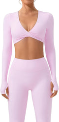 Women 2 Piece Workout Set Long Sleeve Twist Deep V Crop - Padded Top