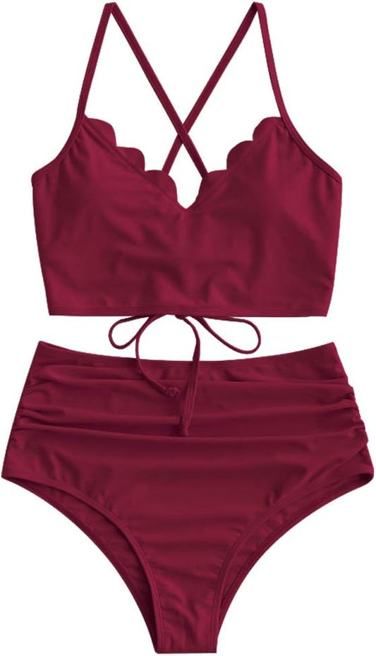 Stylish Ruched High Waisted Tankini Swimsuit for Women