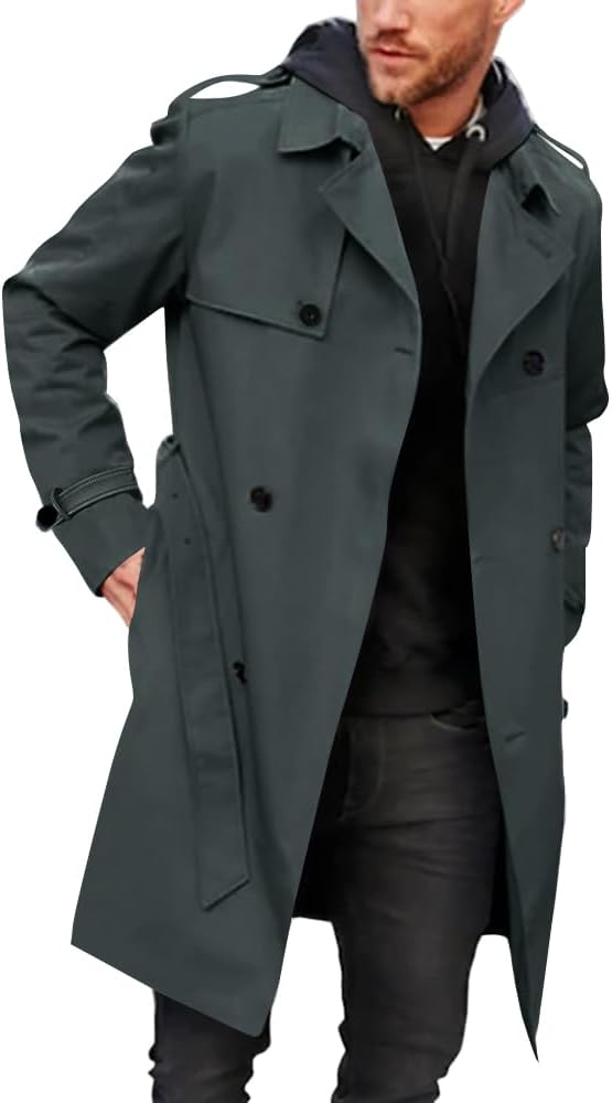 Pretifeel Mens Trench Coat Slim Fit Double Breasted Long Jacket