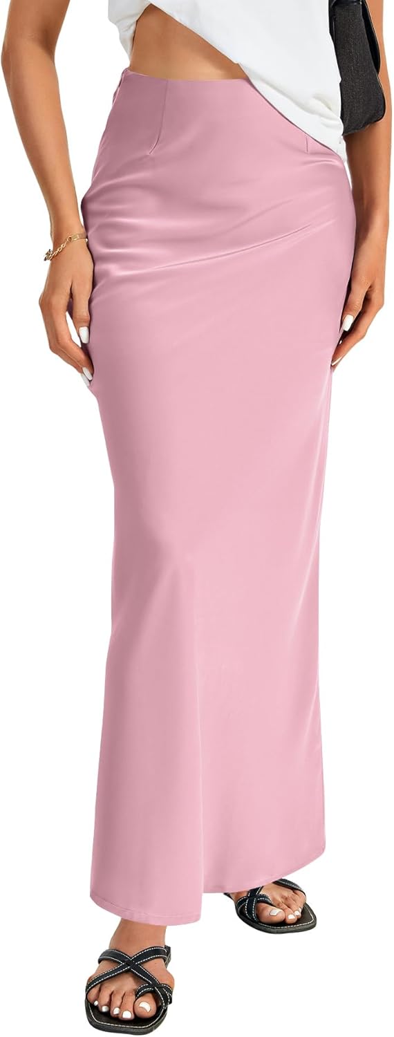 Elegant Satin Silky High Waist A Line Maxi Long Skirt for Women