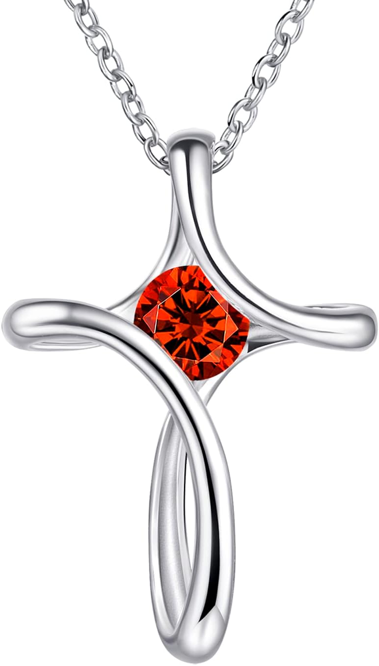 Cross Necklace for Women in 925 Sterling Silver with Birthstone