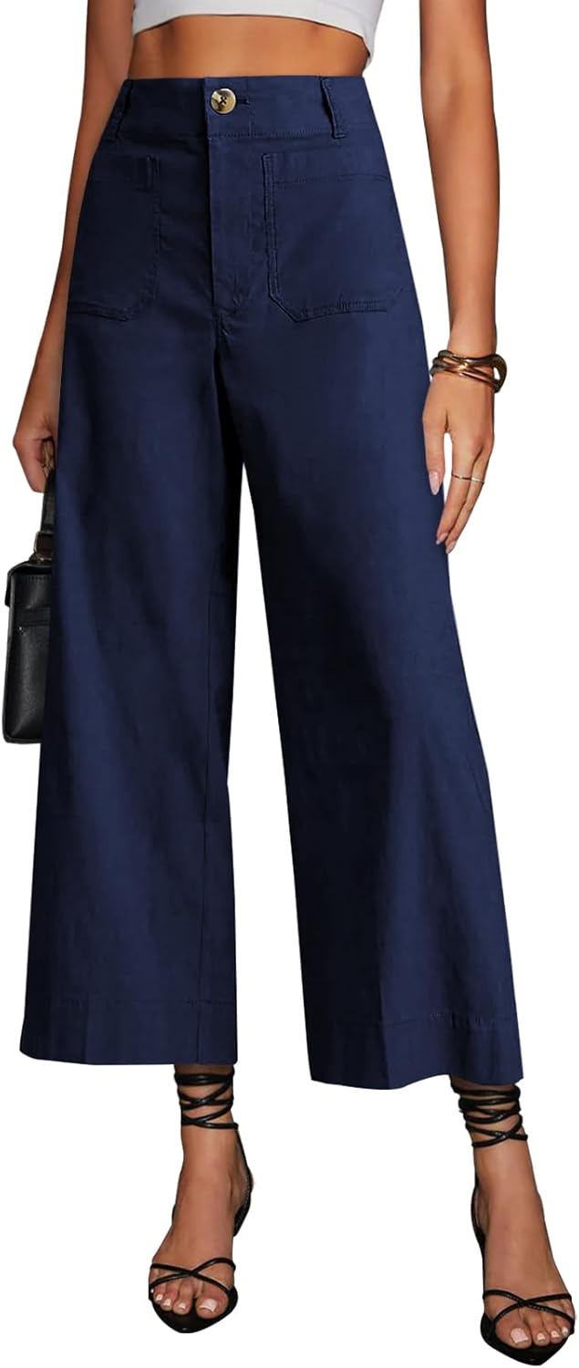 High Waisted Cropped Wide Leg Stretchy Pants for Women