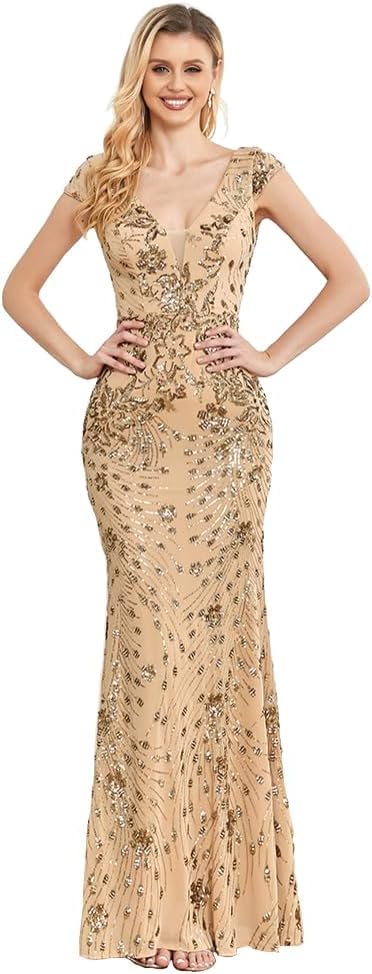 Womens Sequined Long Evening Gown for Wedding Party Events