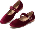 Burgundy Velvet Mary Jane Shoes for Women - Comfortable Ballet Flats