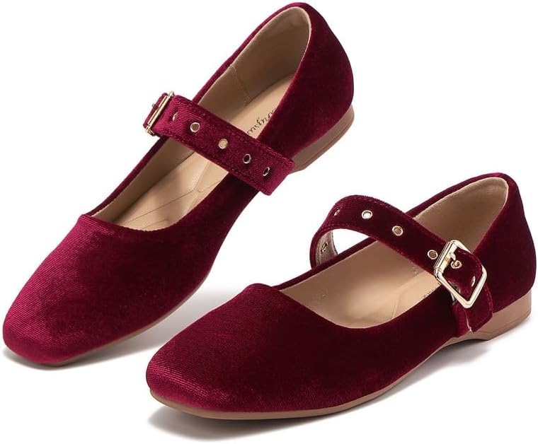 Burgundy Mary Jane Shoes Women Ballet Flats with Strap Buckle